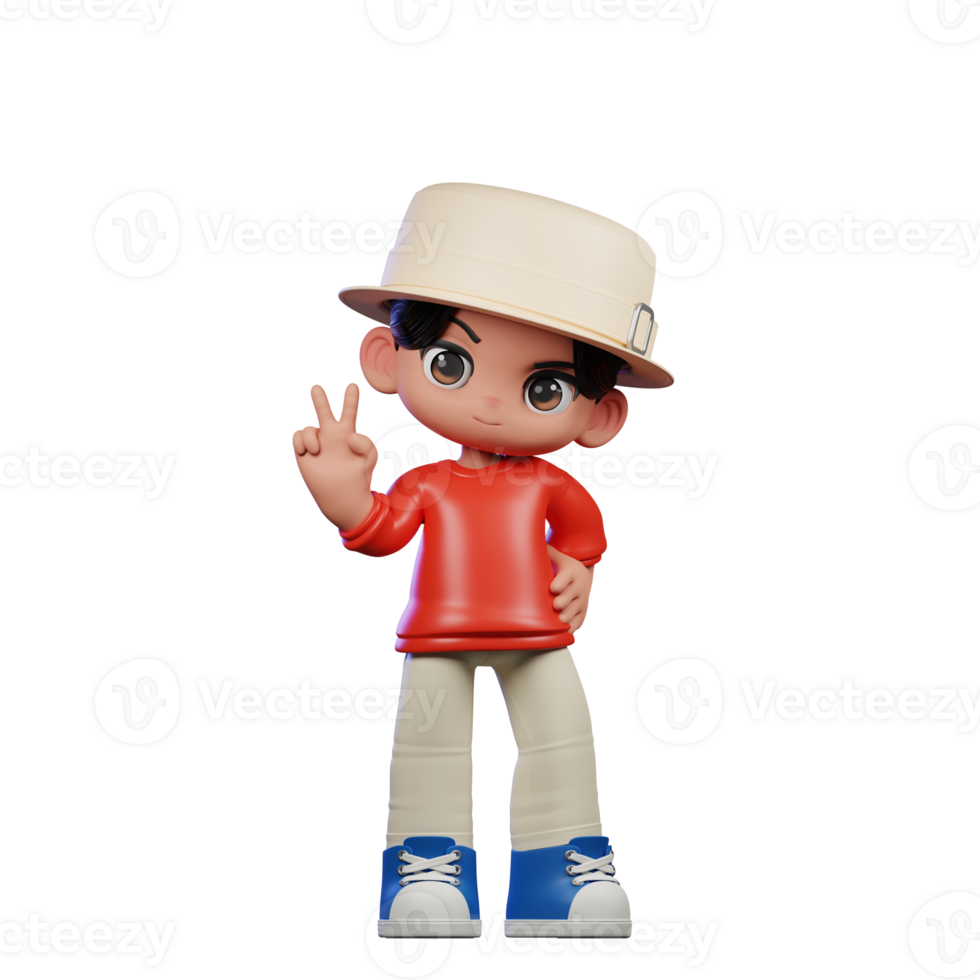 3d Cartoon Character with a Hat and Red Shirt Showing Peace Sign Pose png