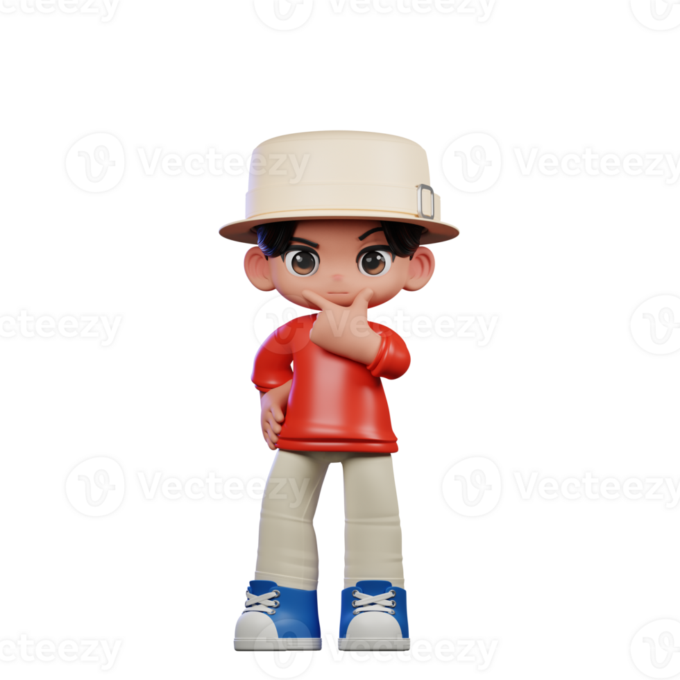 3d Cartoon Character with a Hat and Red Shirt Curious Pose png