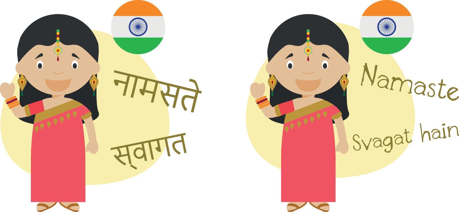 illustration of cartoon characters saying hello and welcome in Hindi and its transliteration into latin alphabet vector