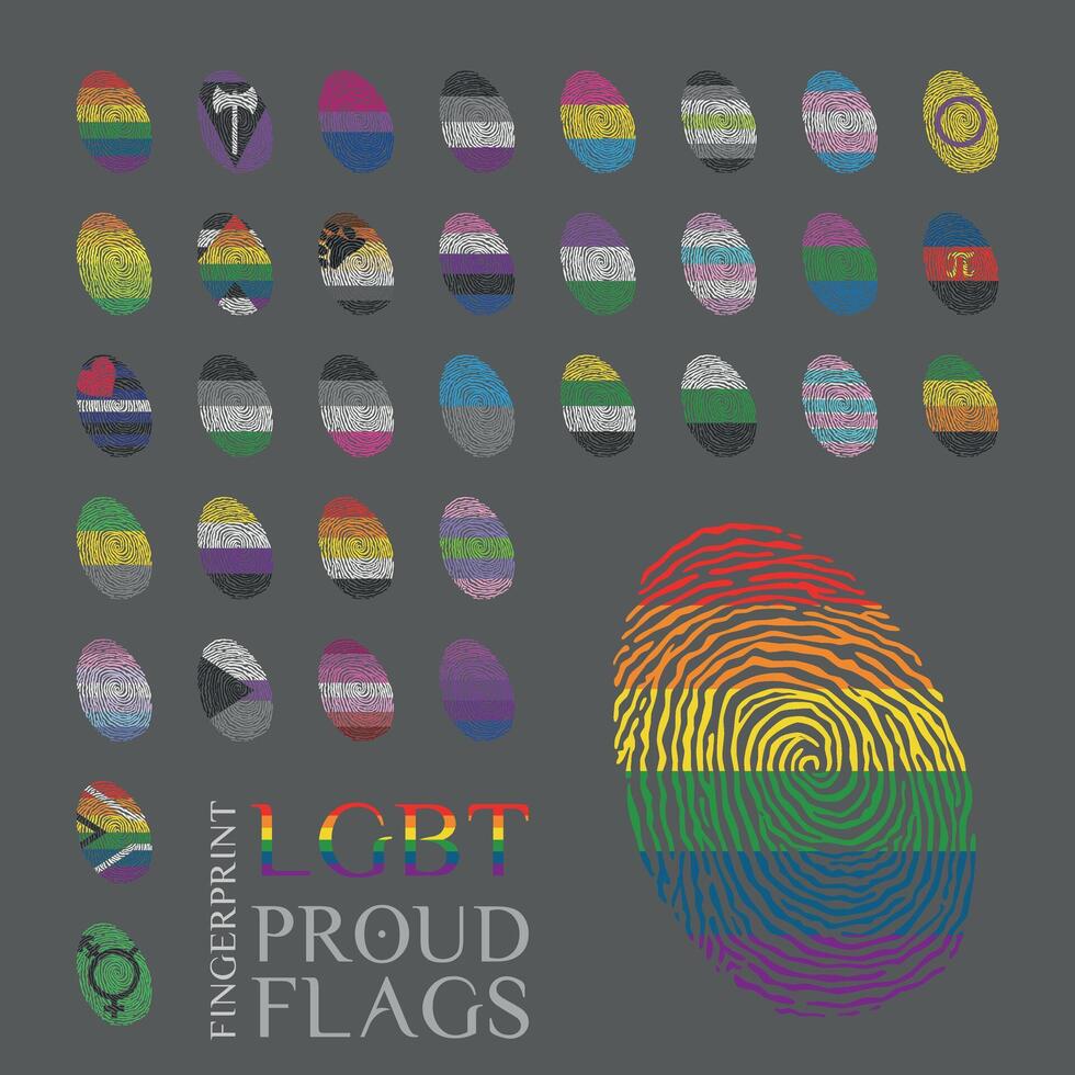 Set of 34 fingerprints with the LGBT, sexual and gender tendencies pride flags Illustration vector