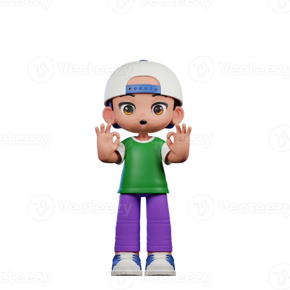 3d Cartoon Character of a Boy in a Green Shirt and Purple Pants Showing Ok Sign Pose png