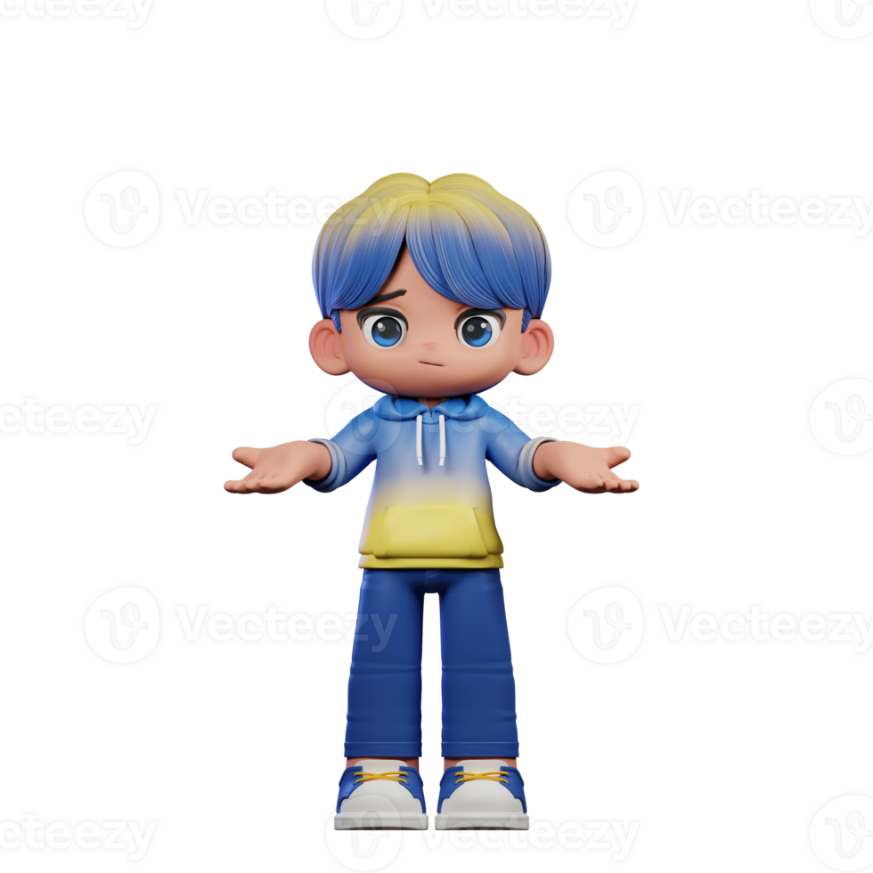 3d Cartoon Character with a Blue Shirt and Yellow Pants Doing No Idea Pose png