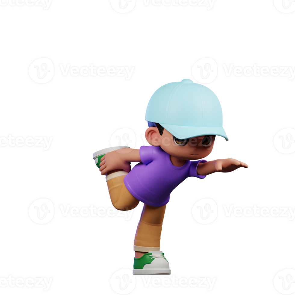 3d Small Boy with a Blue Hat and a Purple Shirt Standing One Leg Pose png