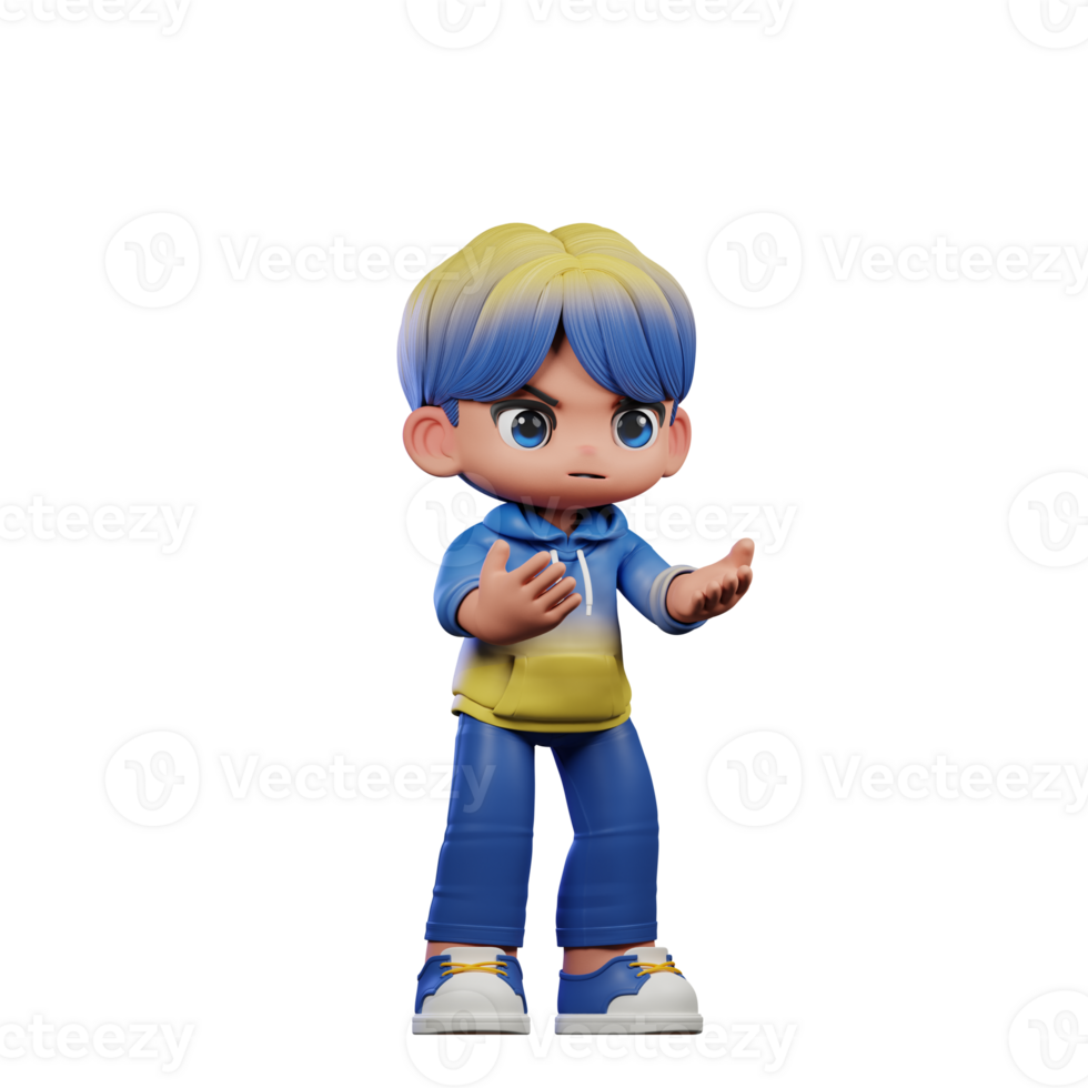 3d Cartoon Character with a Blue Shirt and Yellow Pants Angry Pose png
