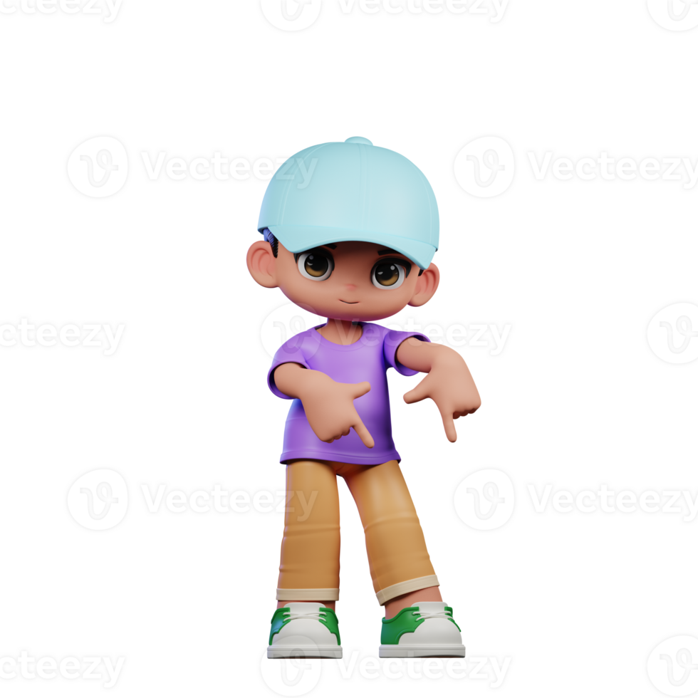 3d Small Boy with a Blue Hat and a Purple Shirt Pointing Down Pose png