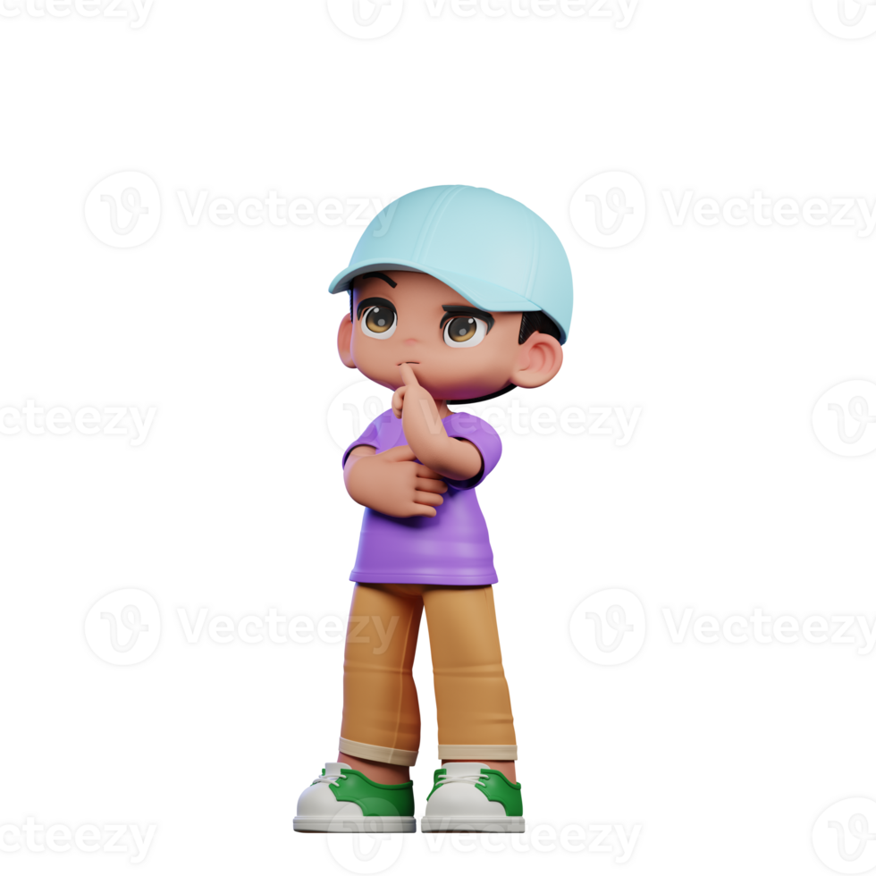 3d Small Boy with a Blue Hat and a Purple Shirt Thinking Deeply Pose png