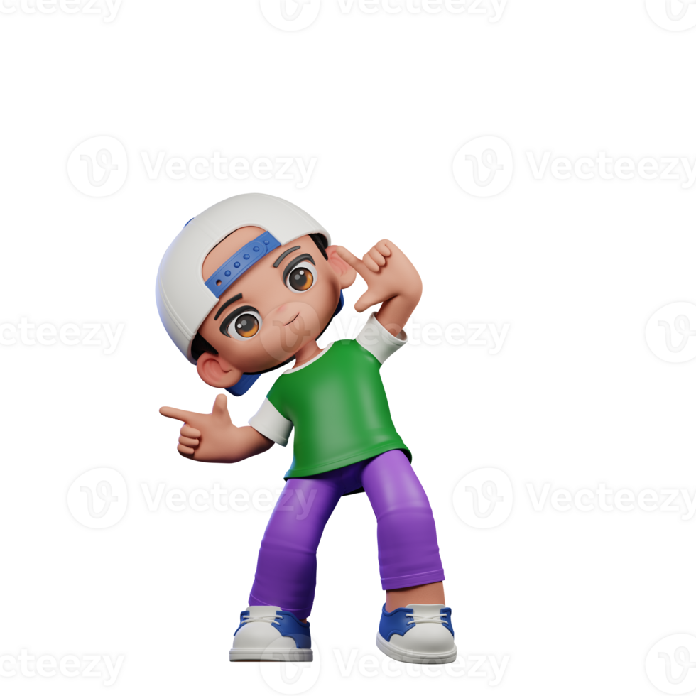 3d Cartoon Character of a Boy in a Green Shirt and Purple Pants Pointing Right Pose png
