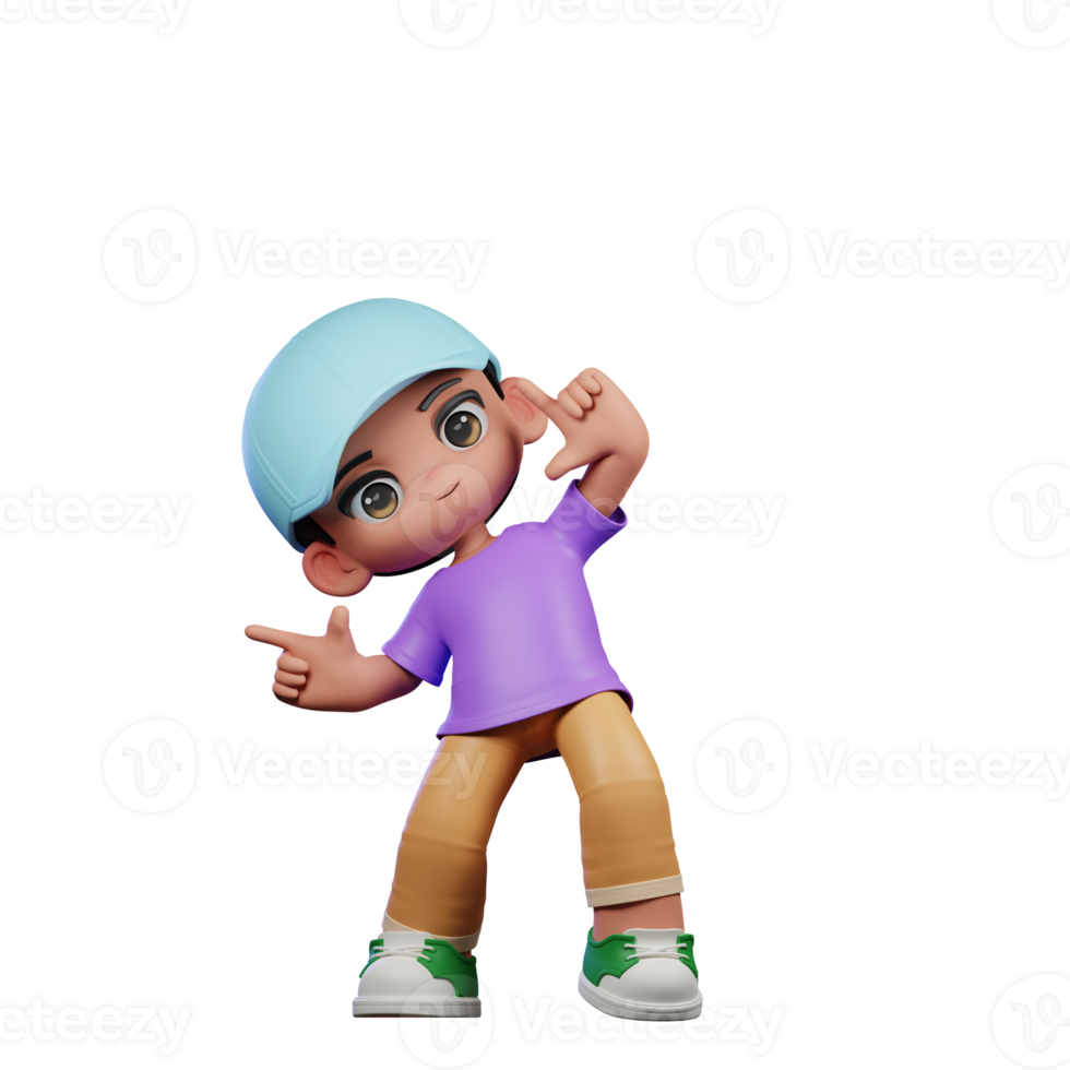 3d Small Boy with a Blue Hat and a Purple Shirt Pointing Right Pose png