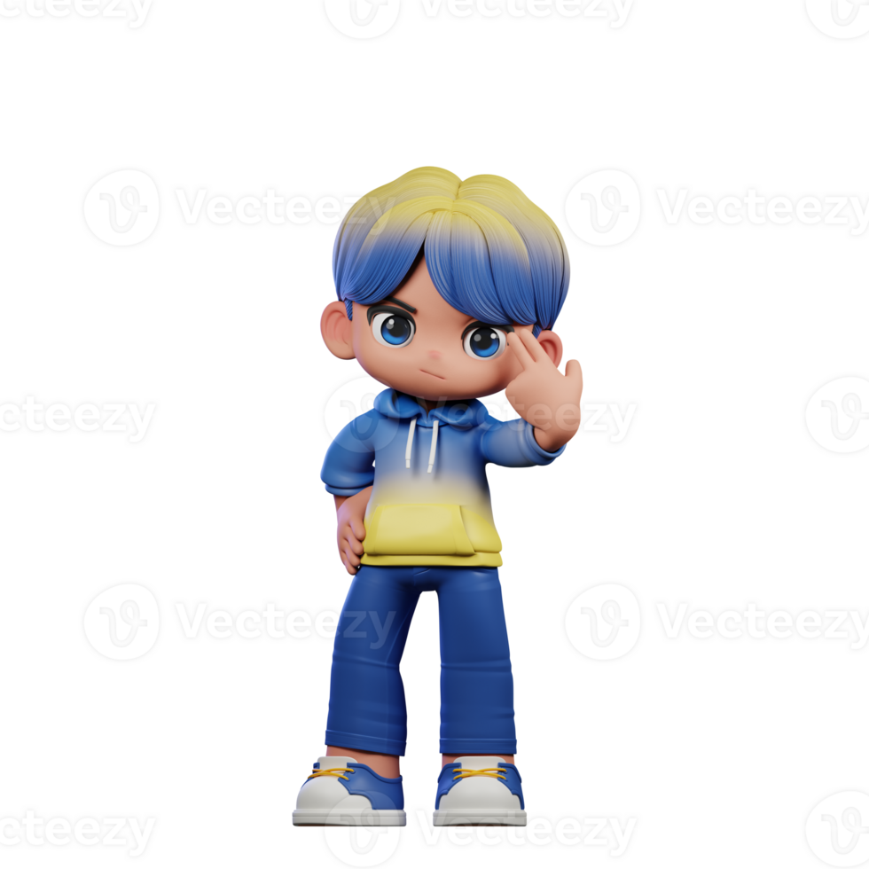 3d Cartoon Character with a Blue Shirt and Yellow Pants Pointing at Him Pose png