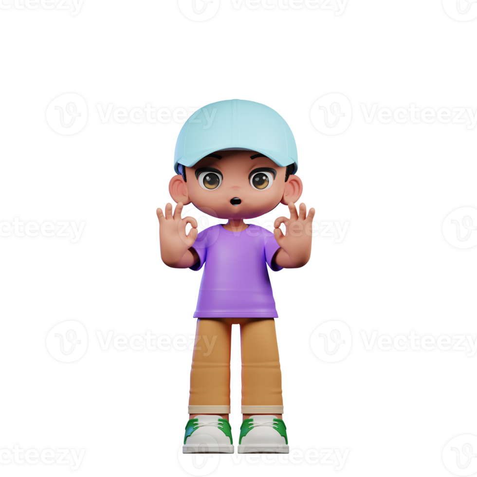 3d Small Boy with a Blue Hat and a Purple Shirt Showing Ok Sign Pose png