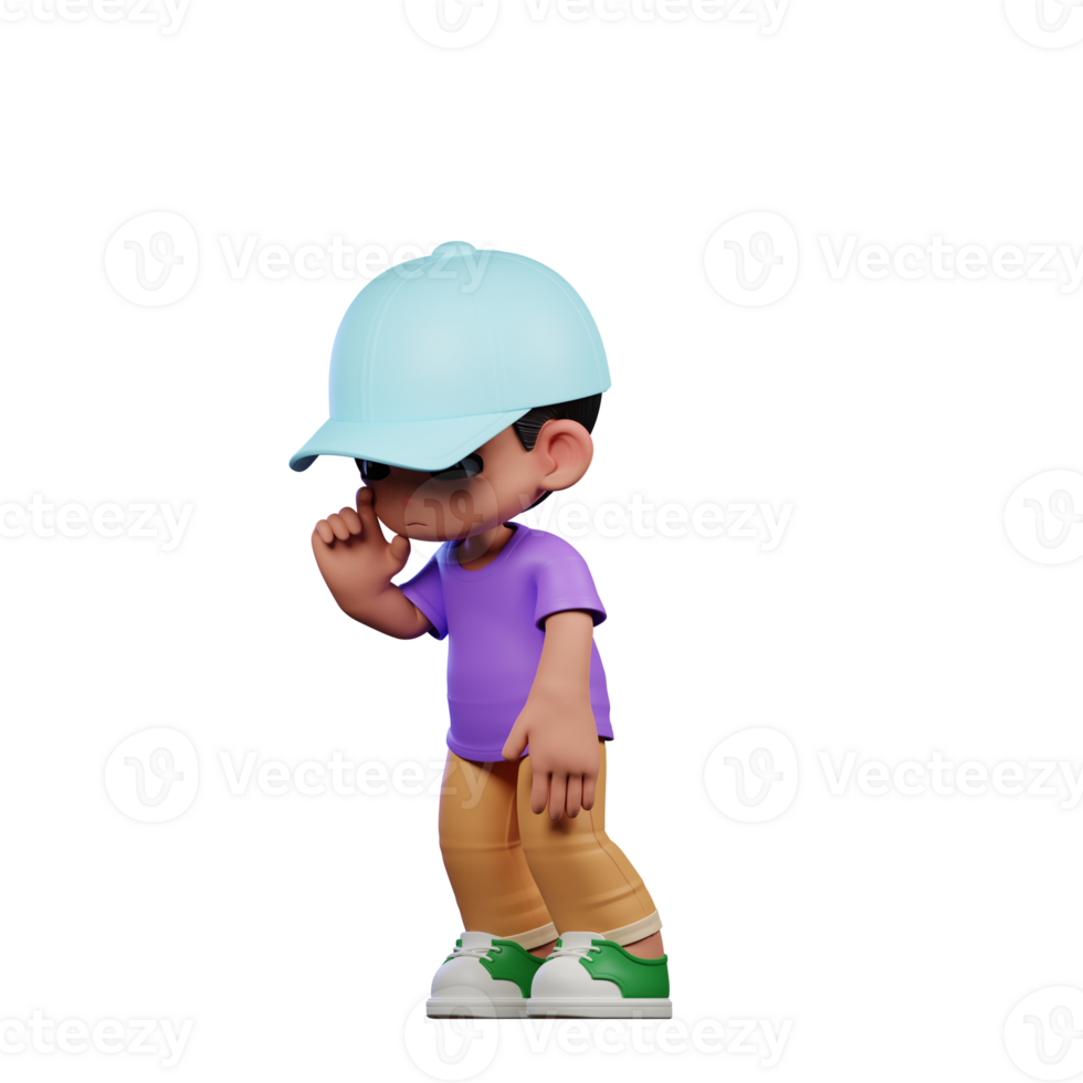 3d Small Boy with a Blue Hat and a Purple Shirt Standing Sad Pose png