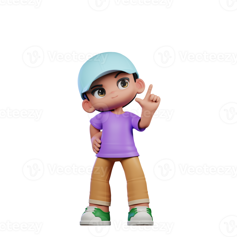 3d Small Boy with a Blue Hat and a Purple Shirt Having Idea Pose png