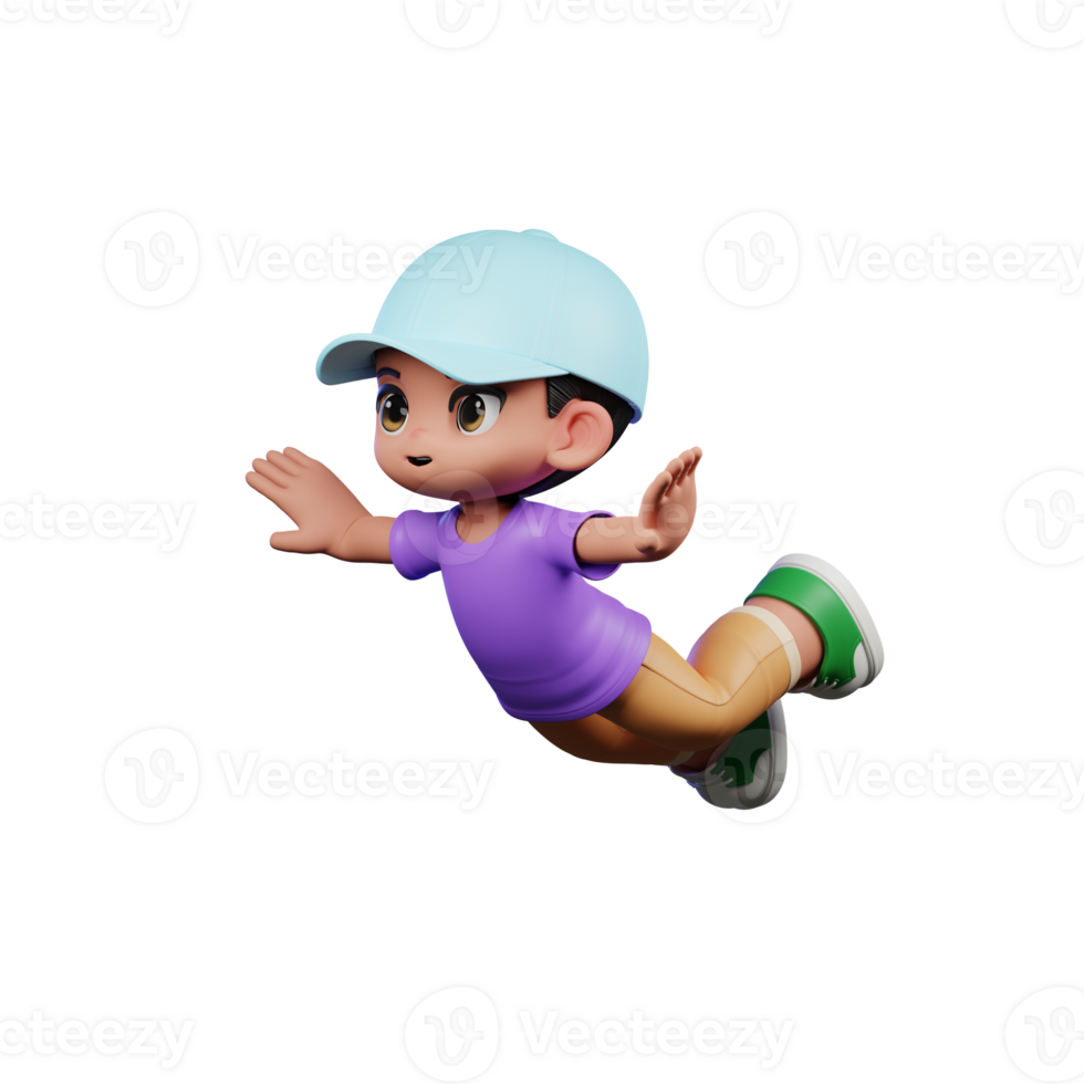 3d Small Boy with a Blue Hat and a Purple Shirt Flying Pose png