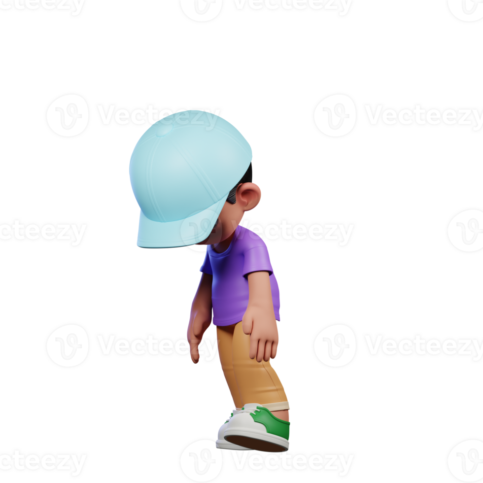 3d Small Boy with a Blue Hat and a Purple Shirt Tired Walk Pose png