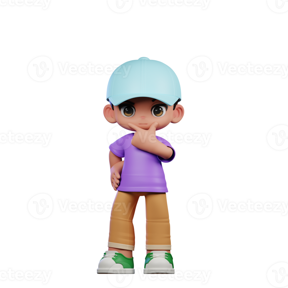 3d Small Boy with a Blue Hat and a Purple Shirt Curious Pose png