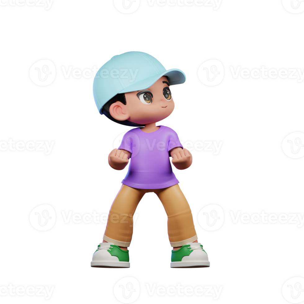 3d Small Boy with a Blue Hat and a Purple Shirt Looking VIctorious Pose png