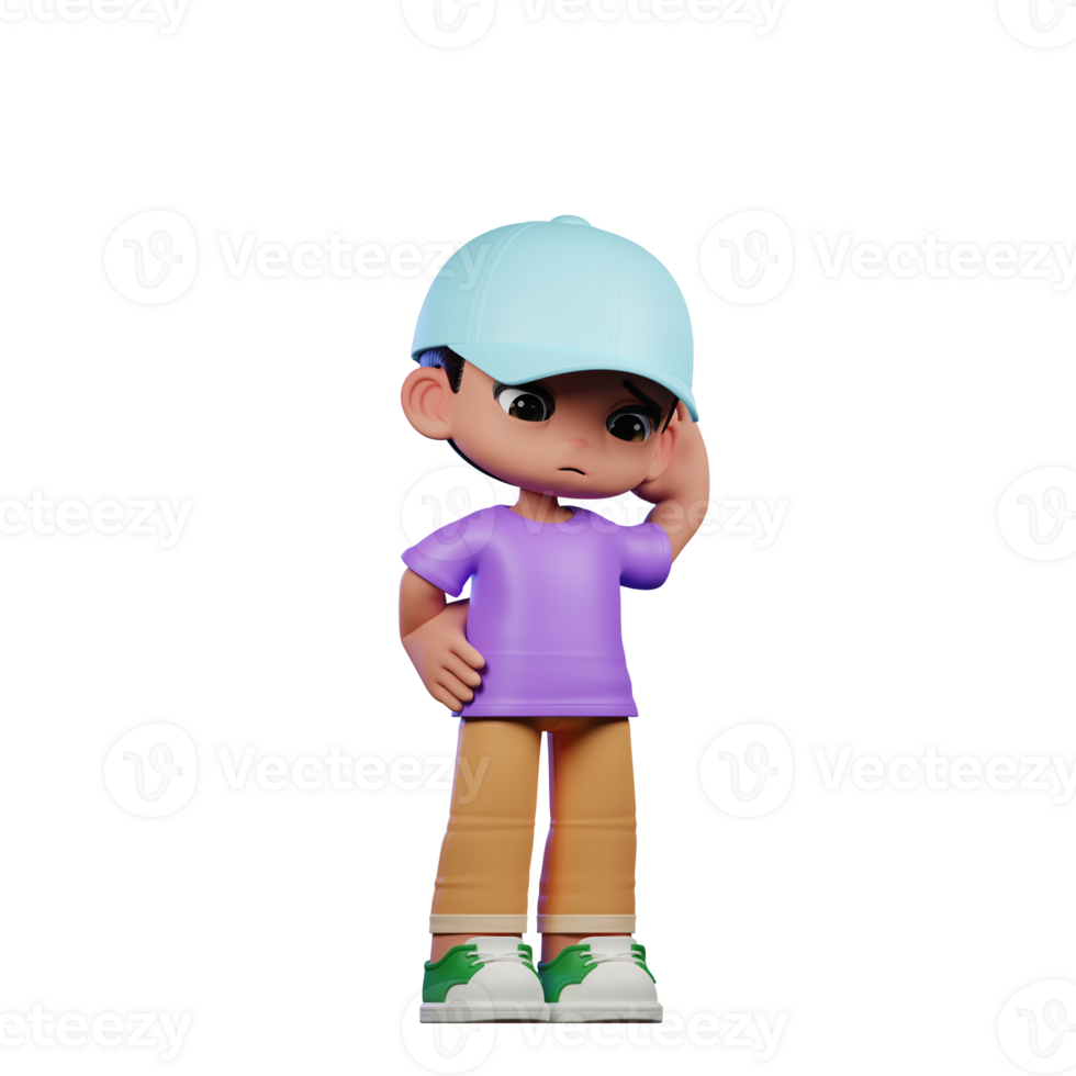 3d Small Boy with a Blue Hat and a Purple Shirt Worry Pose png