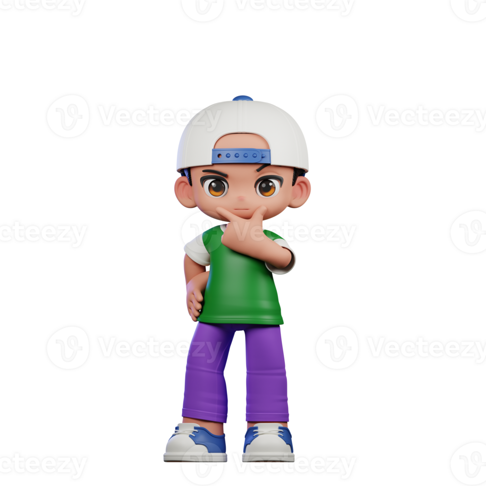 3d Cartoon Character of a Boy in a Green Shirt and Purple Pants Curious Pose png