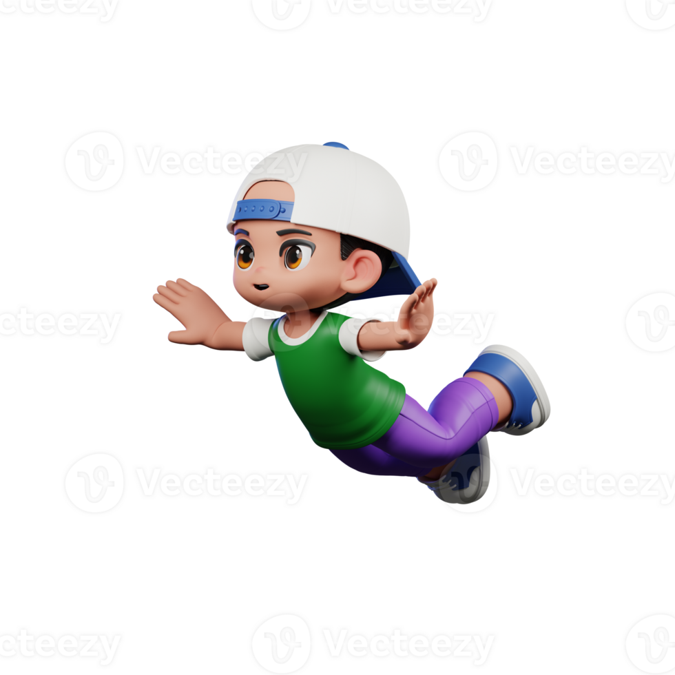 3d Cartoon Character of a Boy in a Green Shirt and Purple Pants Flying Pose png