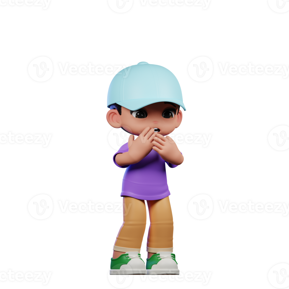 3d Small Boy with a Blue Hat and a Purple Shirt Afraid Pose png