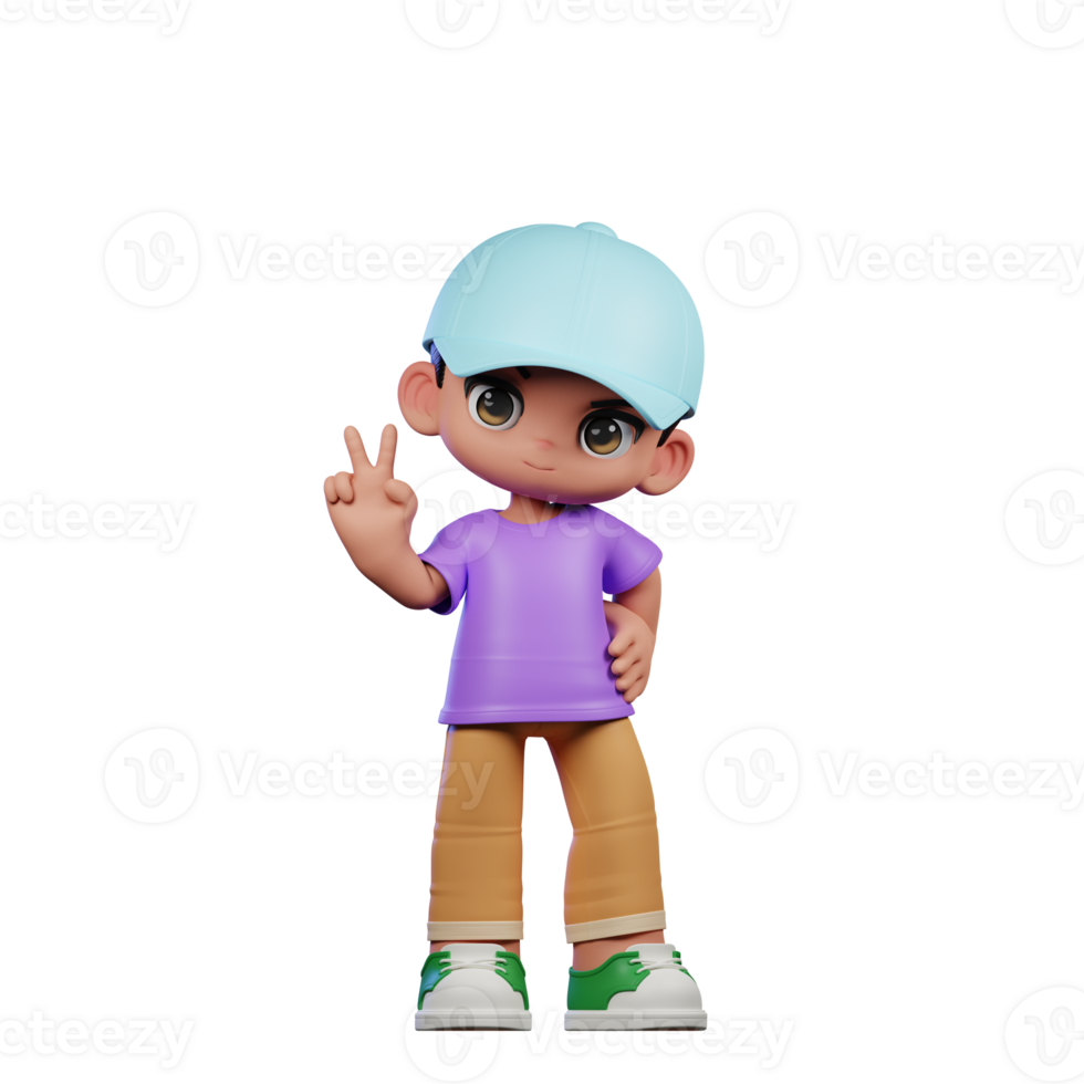3d pequeno Garoto com uma azul chapéu e uma roxa camisa mostrando Paz placa pose png