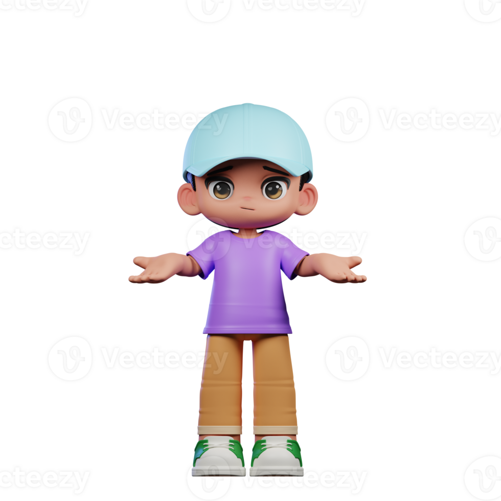 3d Small Boy with a Blue Hat and a Purple Shirt Doing No Idea Pose png