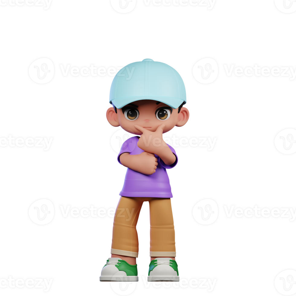 3d Small Boy with a Blue Hat and a Purple Shirt Doing Curious Pose png