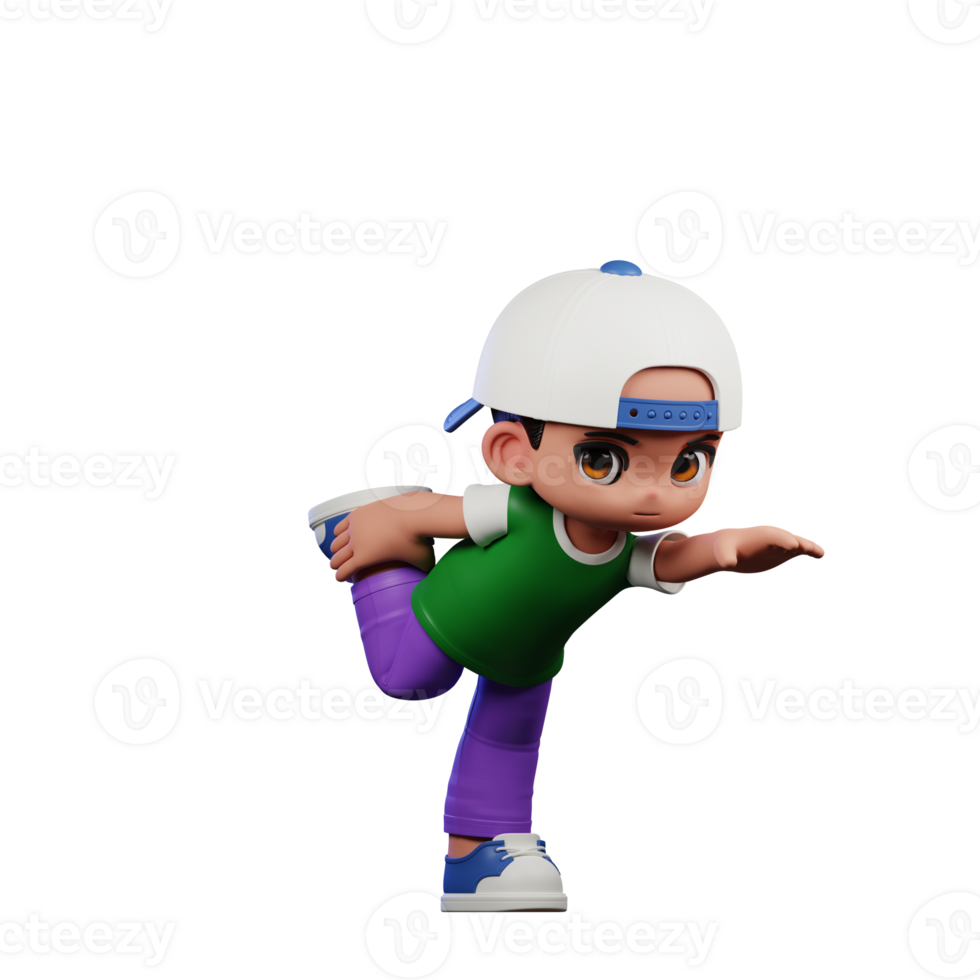 3d Cartoon Character of a Boy in a Green Shirt and Purple Pants Standing One Leg Pose png