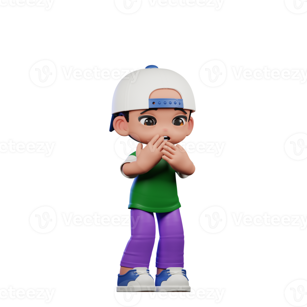 3d Cartoon Character of a Boy in a Green Shirt and Purple Pants Afraid Pose png