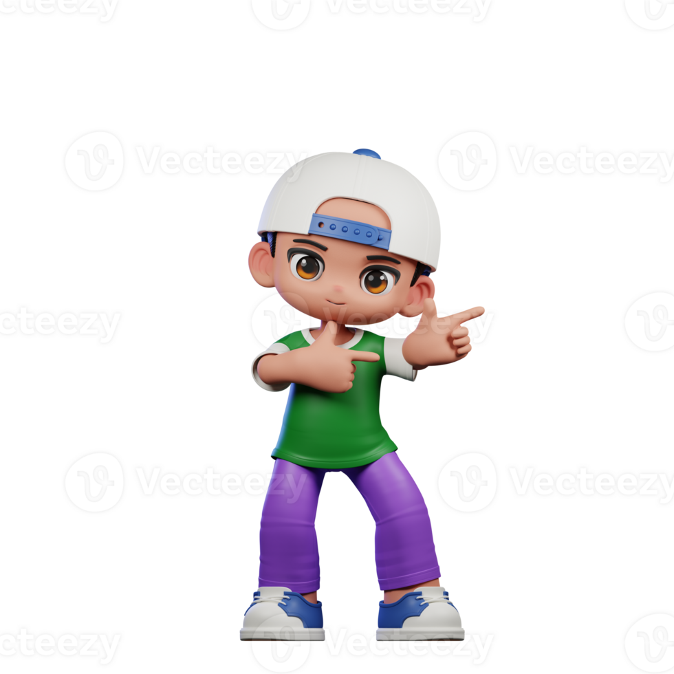 3d Cartoon Character of a Boy in a Green Shirt and Purple Pants Pointing Left Pose png