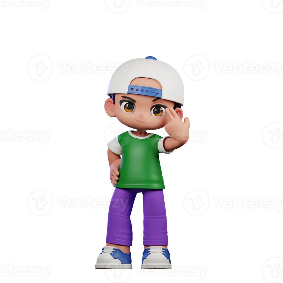 3d Cartoon Character of a Boy in a Green Shirt and Purple Pants Pointing at Him Pose png