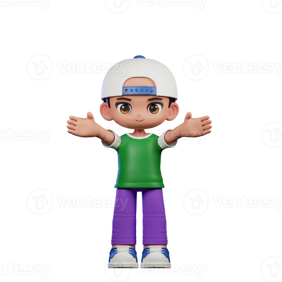 3d Cartoon Character of a Boy in a Green Shirt and Purple Pants Showing Welcome Pose png