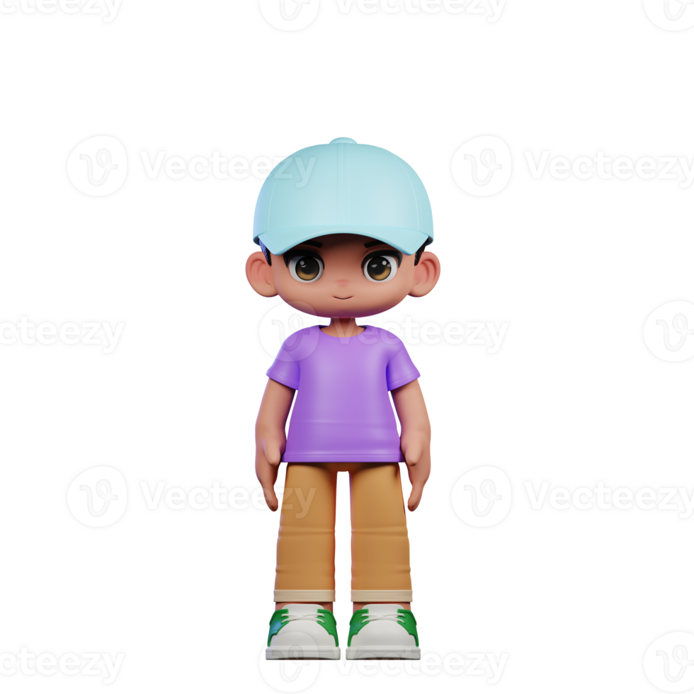 3d Small Boy with a Blue Hat and a Purple Shirt Standing Cool Pose png