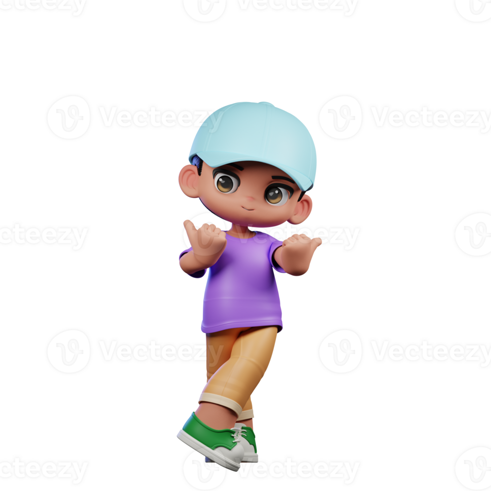3d Small Boy with a Blue Hat and a Purple Shirt Pointing at Side Pose png