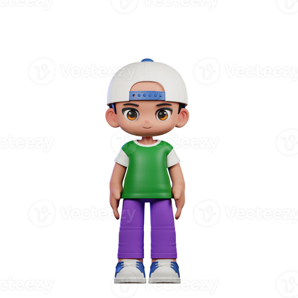 3d Cartoon Character of a Boy in a Green Shirt and Purple Pants Standing Cool Pose png