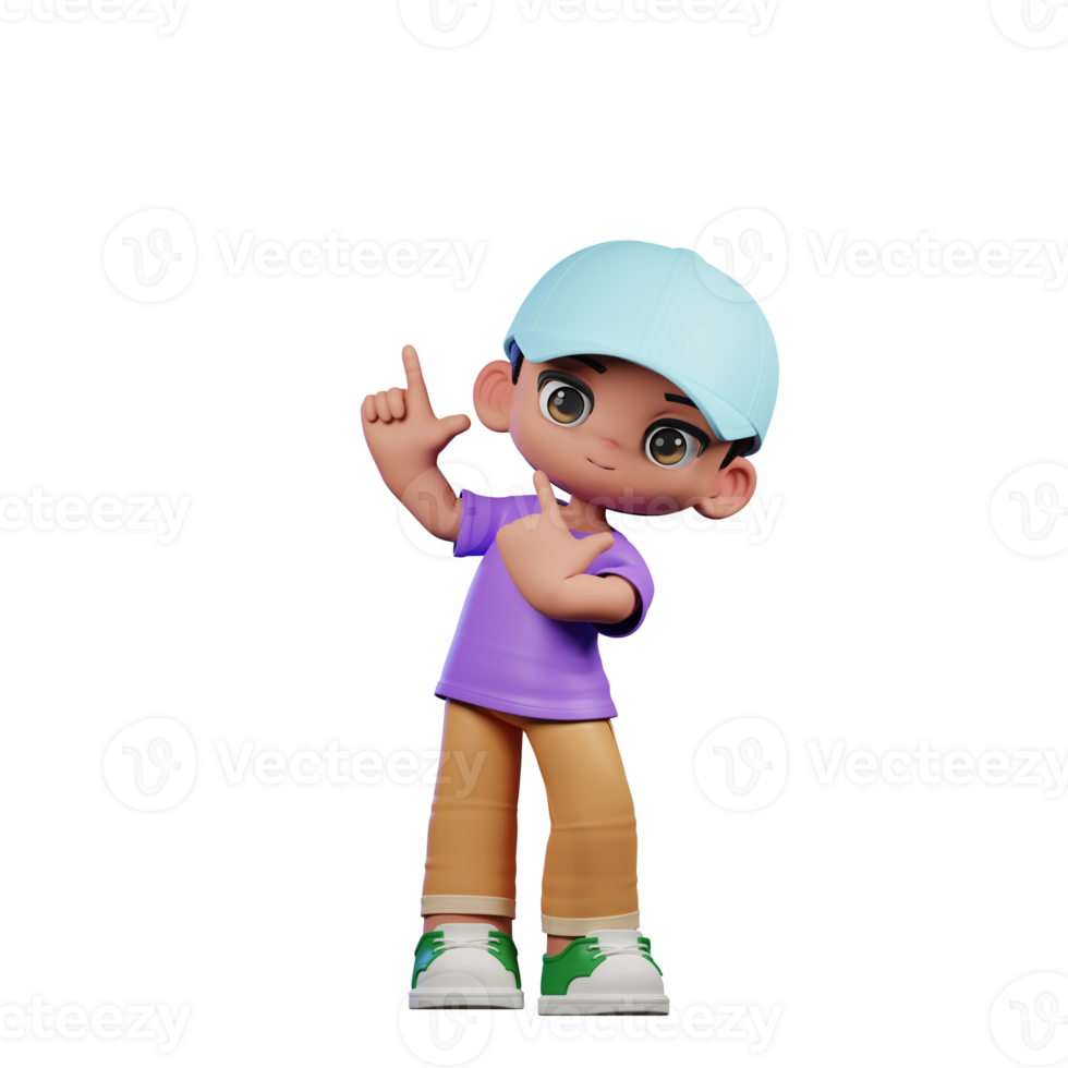 3d Small Boy with a Blue Hat and a Purple Shirt Pointing Up Pose png