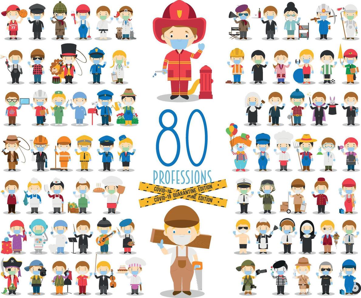 Covid 19 Health Emergency Special Edition. Set of 80 different professions with surgical masks and latex gloves in cartoon style . vector