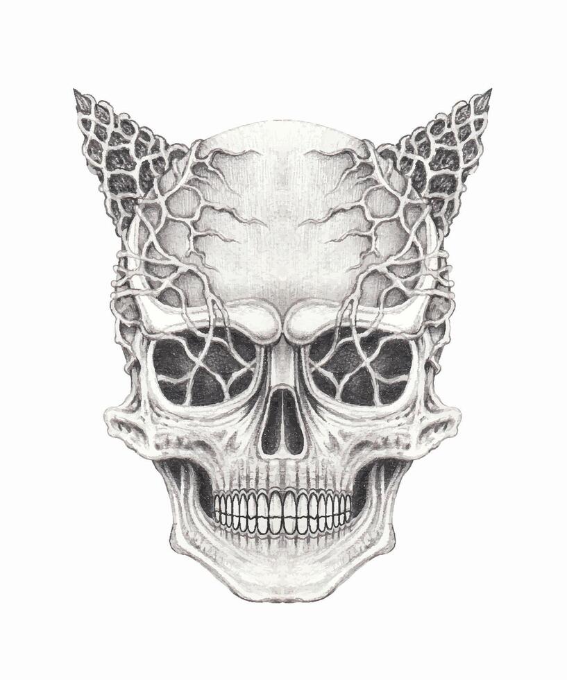 Demon skull tattoo design by hand drawing on paper. vector