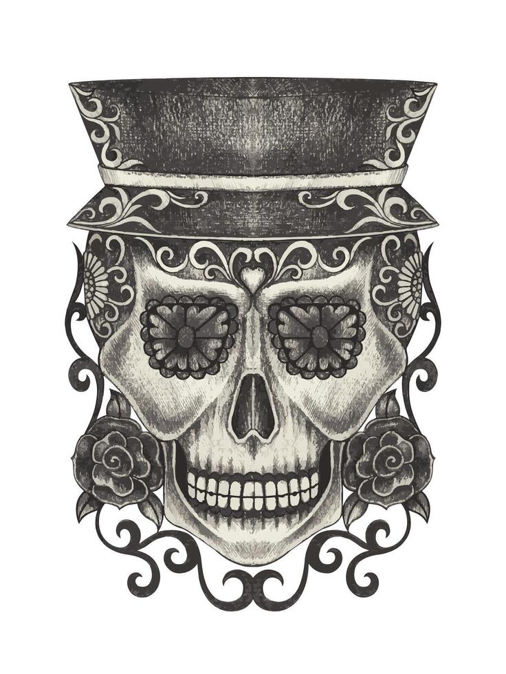 Sugar skull day of the dead design by hand drawing on paper. vector