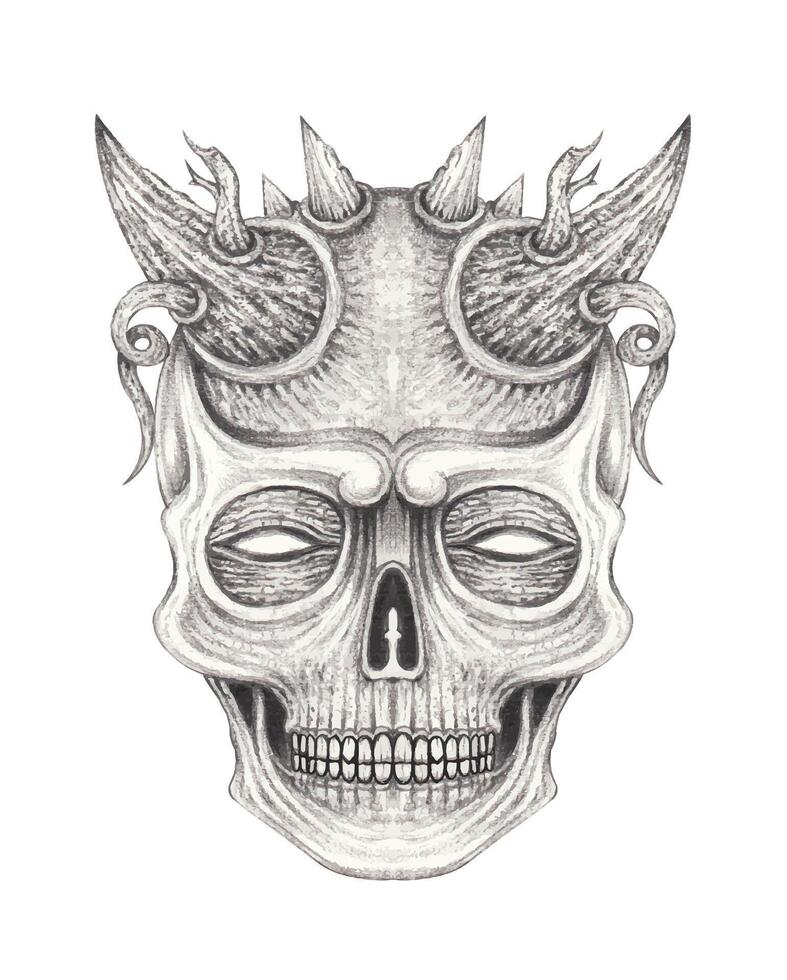 Demon skull surreal art tattoo design by hand drawing on paper. vector