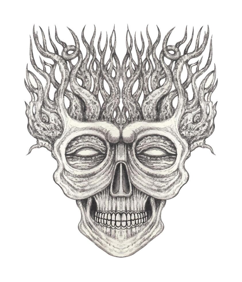 Surreal art nature and skull design by hand drawing on paper. vector