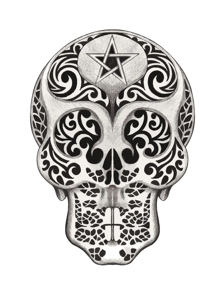 Graphic skull tattoo design by hand drawing on paper vector