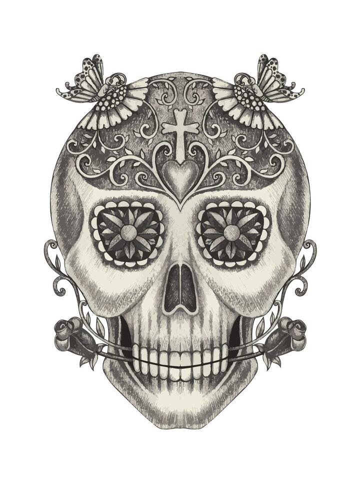 Sugar skull day of the dead design by hand drawing on paper. vector