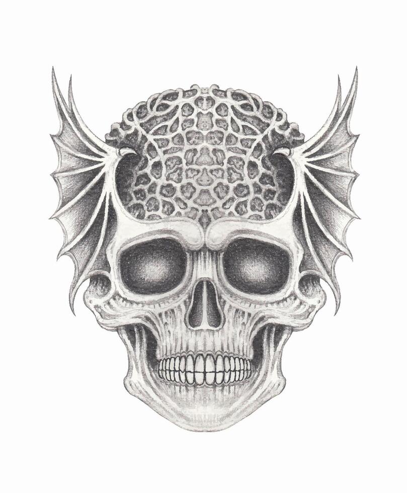 Surreal art wing demon skull design by hand drawing on paper. vector