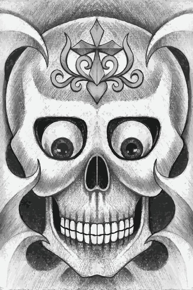 Skull tattoo design by hand drawing on paper vector