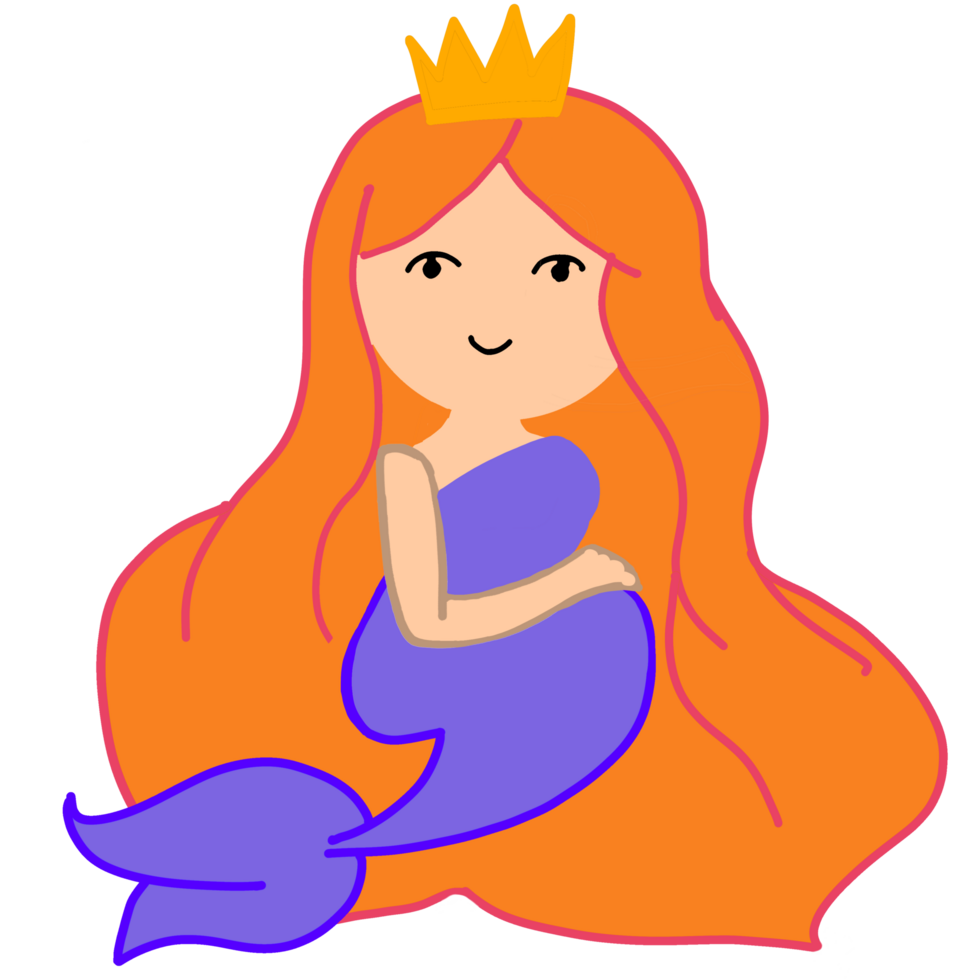 Cute cartoon mermaid with orange hair is pregnant smiling painting isolated.Element illustration png