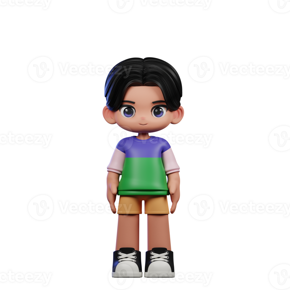 3d Cartoon Character in a Green Shirt and Yellow Shorts Standing Cool Pose png