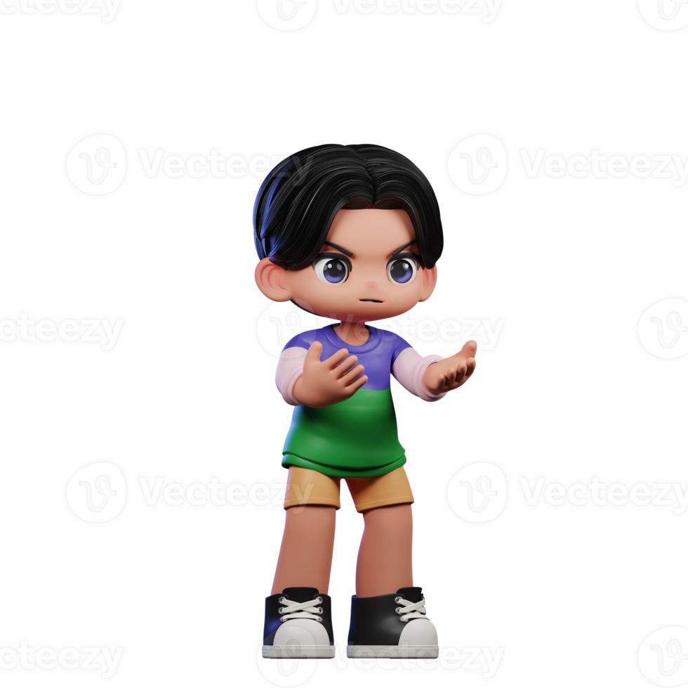 3d Cartoon Character in a Green Shirt and Yellow Shorts Angry Pose png
