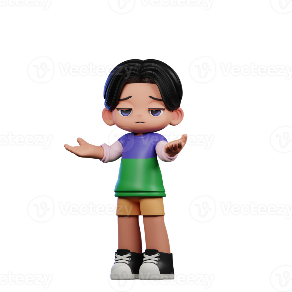 3d Cartoon Character in a Green Shirt and Yellow Shorts Confused Pose png