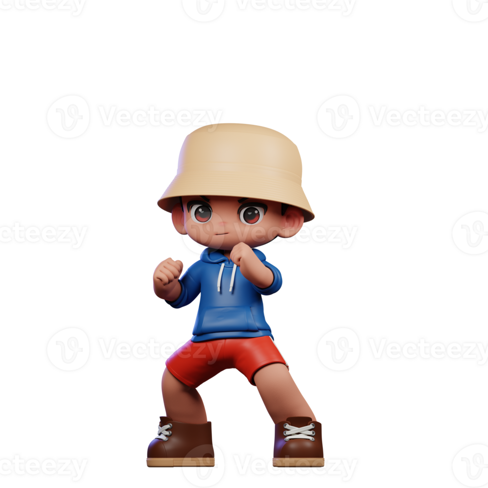 3d Small Figure of a Boy in a Blue Shirt and Red Shorts Ready Fight Pose png